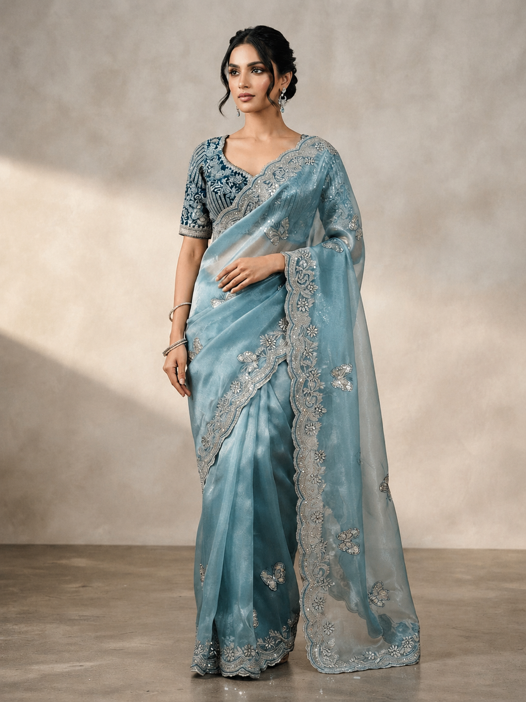 Sabyasachi Inspired Space Silk Saree with Butterfly Embroidery & Stitched Blouse