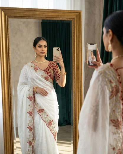 Elegant Crystal Crush Tissue Saree – Designer Embroidered Party Wear