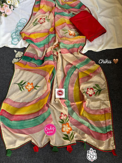 Elegant Floral Printed Soft Silk Saree with Multi Color Border