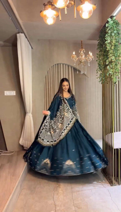 Teal Blue Crepe Silk Embroidered Lehenga Choli Set