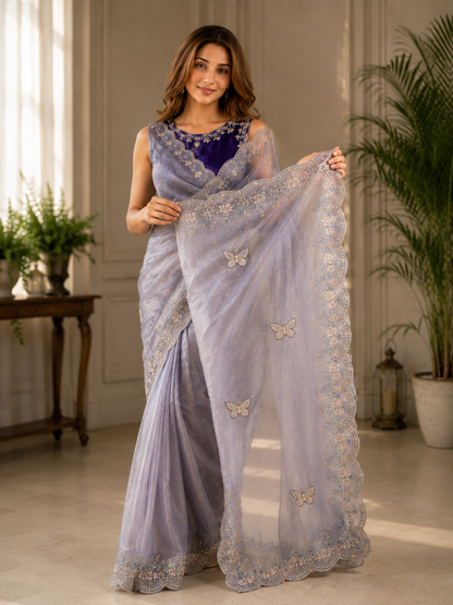 Sabyasachi Inspired Space Silk Saree with Butterfly Embroidery & Stitched Blouse