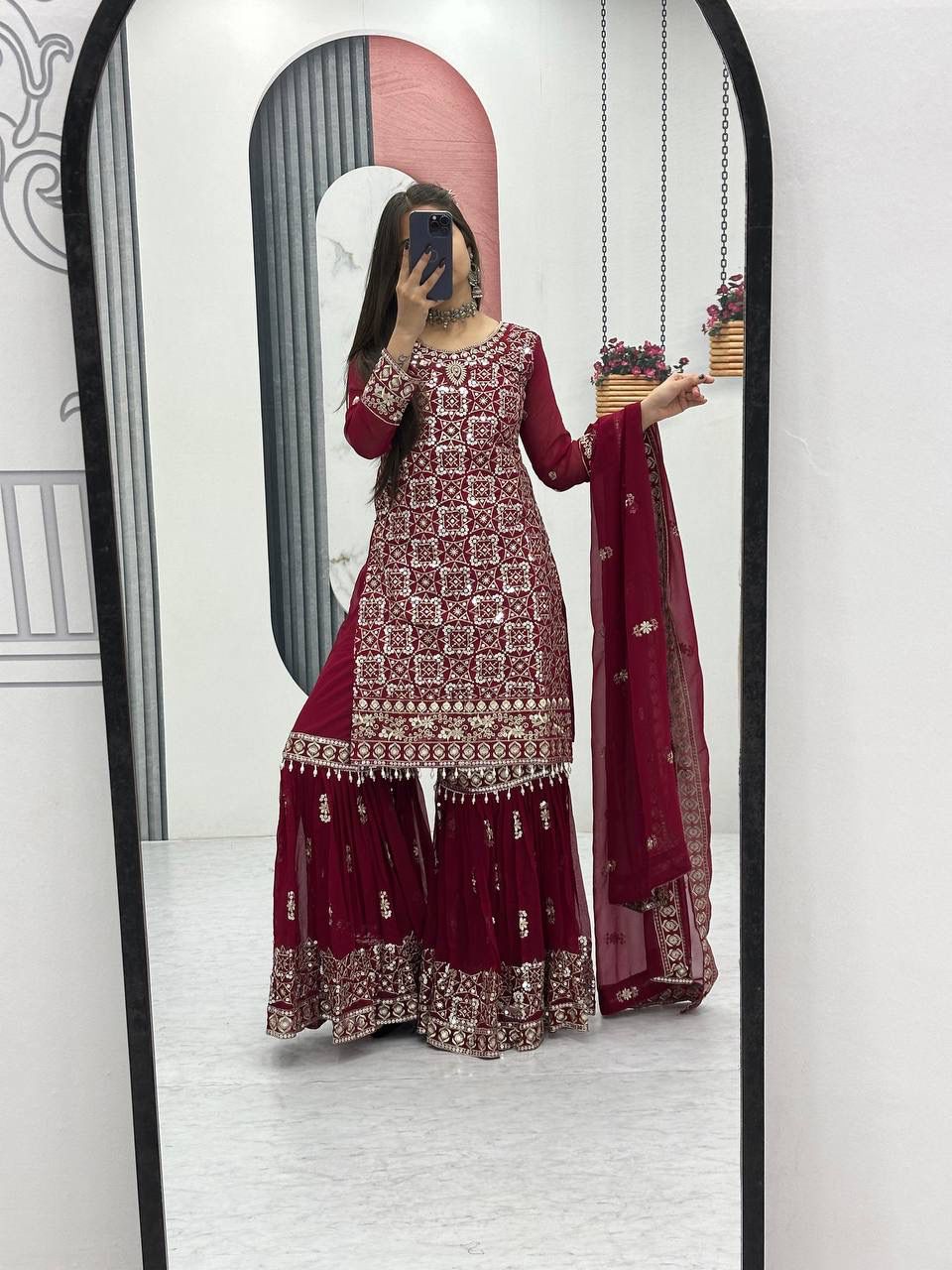 Designer Party Wear Embroidered Top Sharara & Dupatta Set for Women