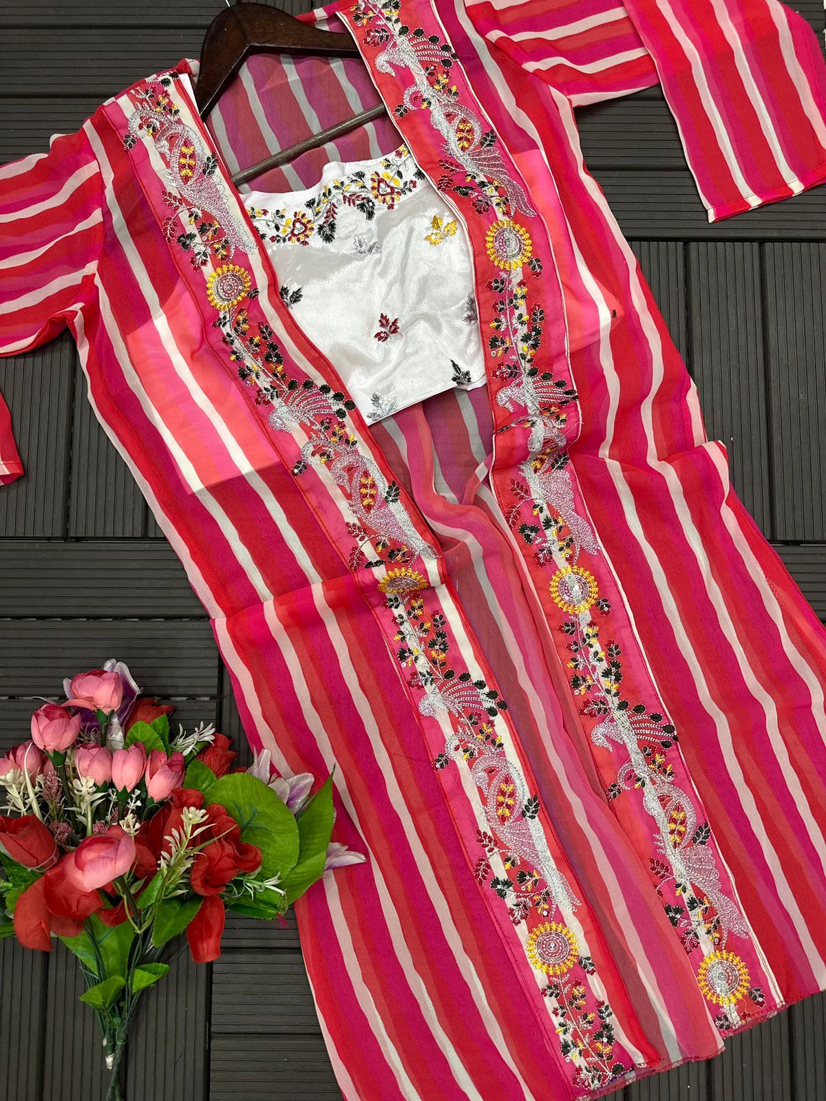 Women Chinon Plazzo Set with Embroidered Blouse & Digital Print Georgette Shrug