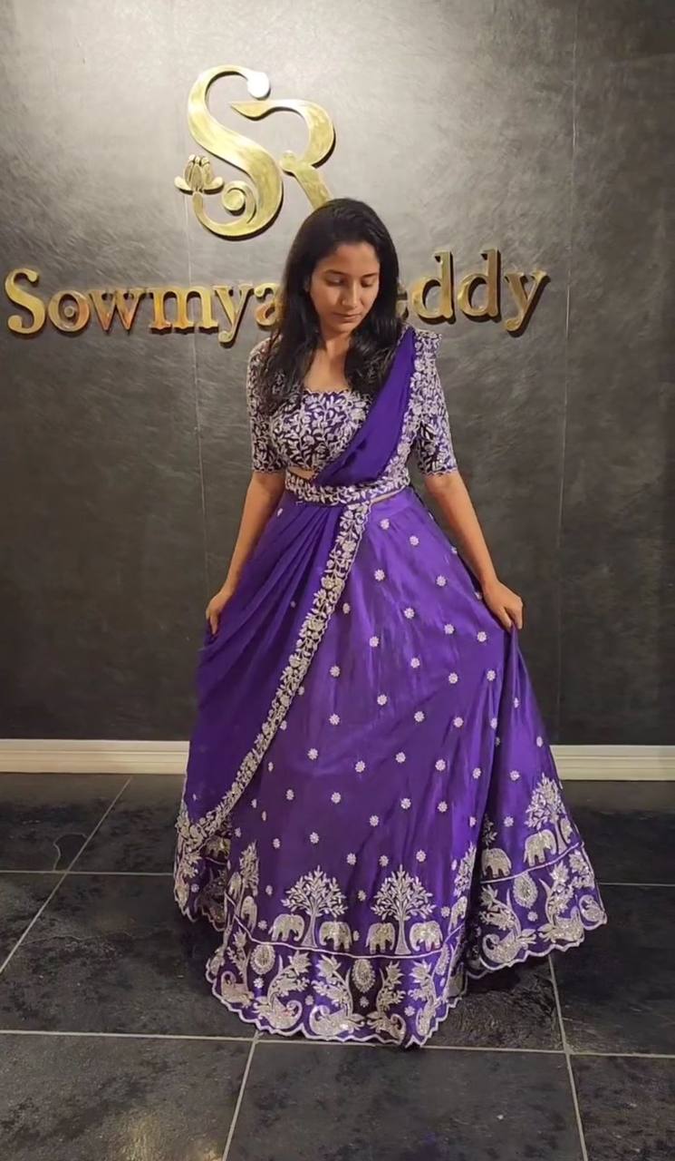 Royal Purple Chinon Embroidered Lehenga Choli With Dupatta – Festival Special