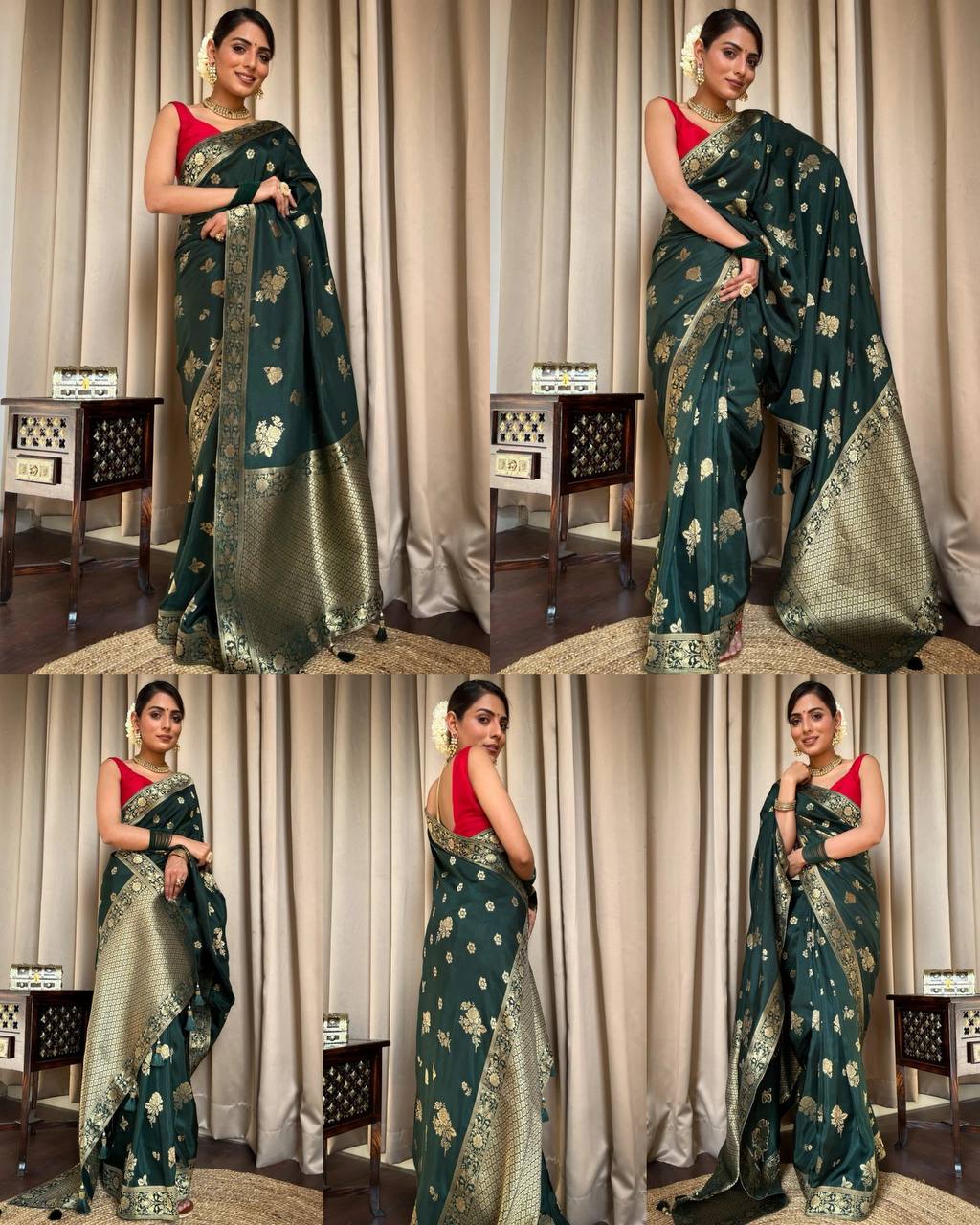 Dark Green Zari Work Festive Saree