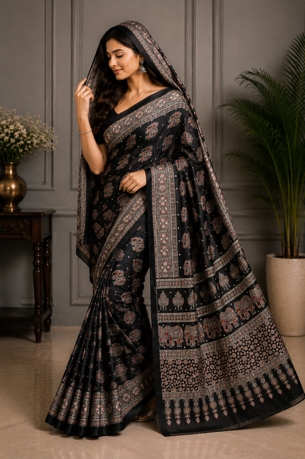 Elegant Ajrakh Pure Gajji Bandhej Soft Silk Saree With Mirror Work
