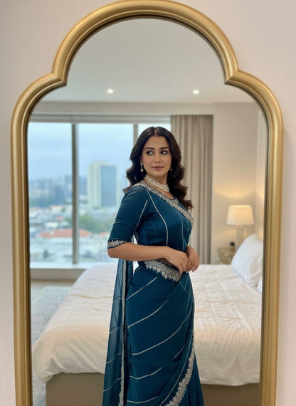 Zoya Soft Satin Silk Saree with 3MM Sequins Embroidery Border & Stitched Blouse