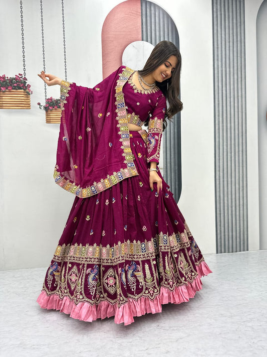 Designer Vichitra Silk Embroidered Lehenga Choli with Sequence Work Dupatta