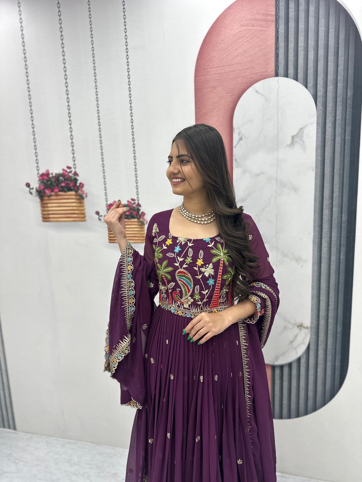 Embroidered Georgette Festive Gown with Dupatta