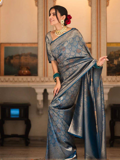Silver Blue Zari Work Saree