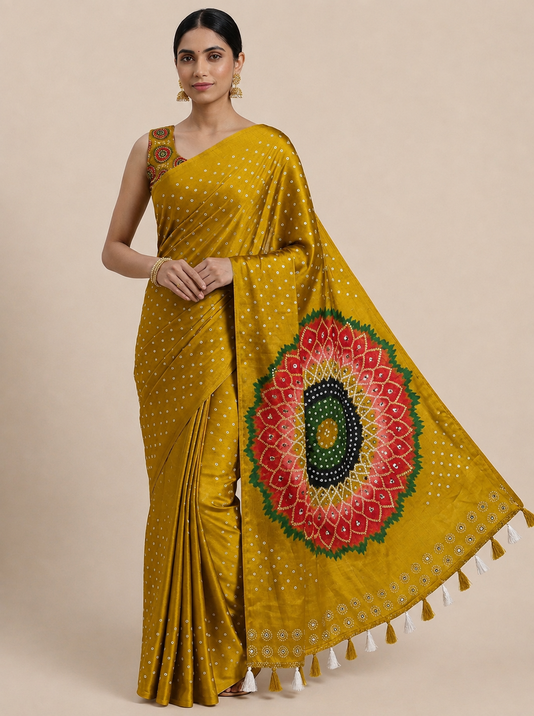 Premium Japan Satin Mirror Work Saree with Tassel Pallu