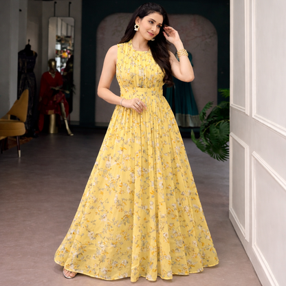 Floral Print Weightless Marble Fabric Long Party Wear Gown Dress