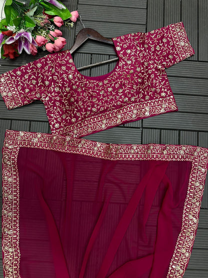 Designer Ruffle Lehenga Saree with Stitched Embroidered Blouse