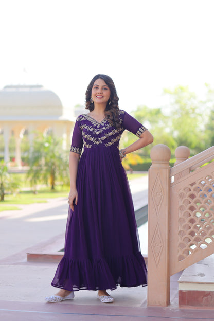 Premium ReadyMade Designer Gown | Faux Blooming Embroidered Party Wear Gown | Rama & Purple