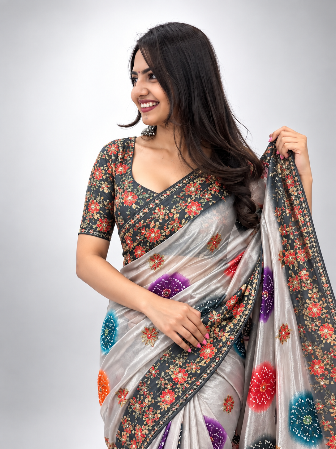 Soft Shine Space Silk Saree with Bandhej Print, C-Pallu Gotafoil Work & Butti