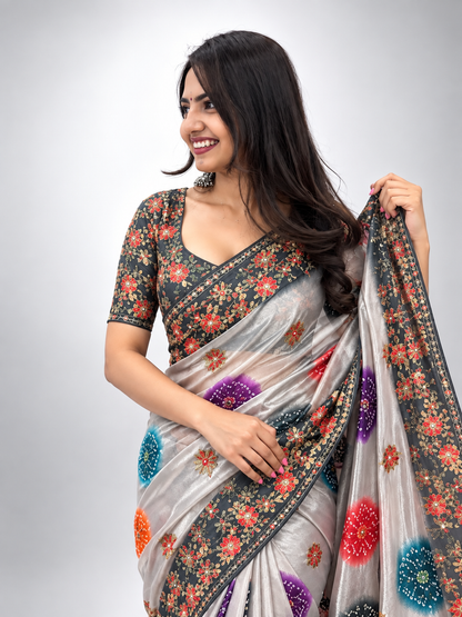 Soft Shine Space Silk Saree with Bandhej Print, C-Pallu Gotafoil Work & Butti