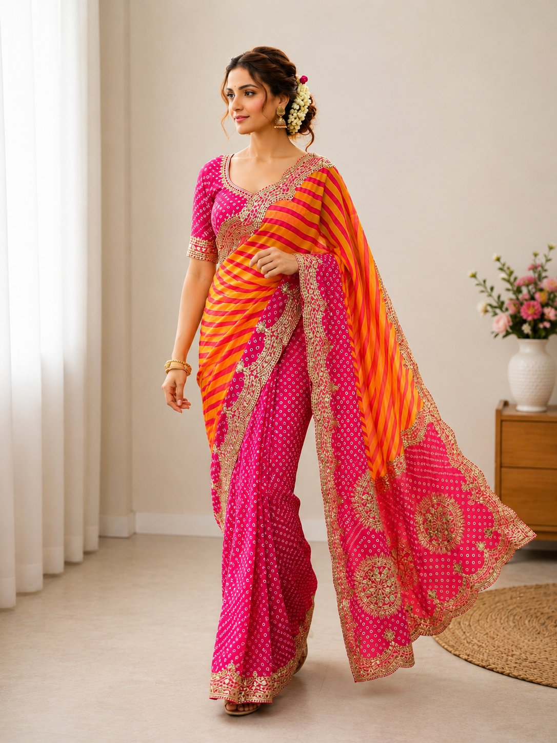Chinon Digital Leheriya Saree with Heavy Gota Foil Work & Rich Pallu