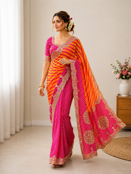 Chinon Digital Leheriya Saree with Heavy Gota Foil Work & Rich Pallu