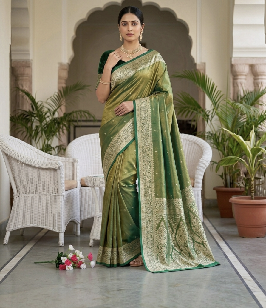 Royal Banarasi Glass Satin Silk Saree with Elegant Zari Woven Border