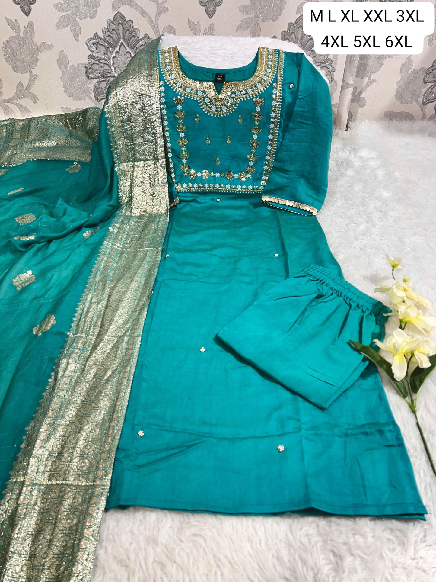 Premium Roman Silk Embroidered Kurti Pant Dupatta Set (M–6XL)