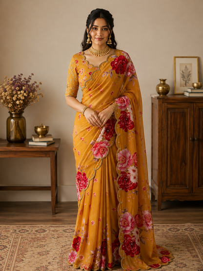 Guldasta Pure Georgette Silk Saree with Digital Floral Print & Cutdana Work