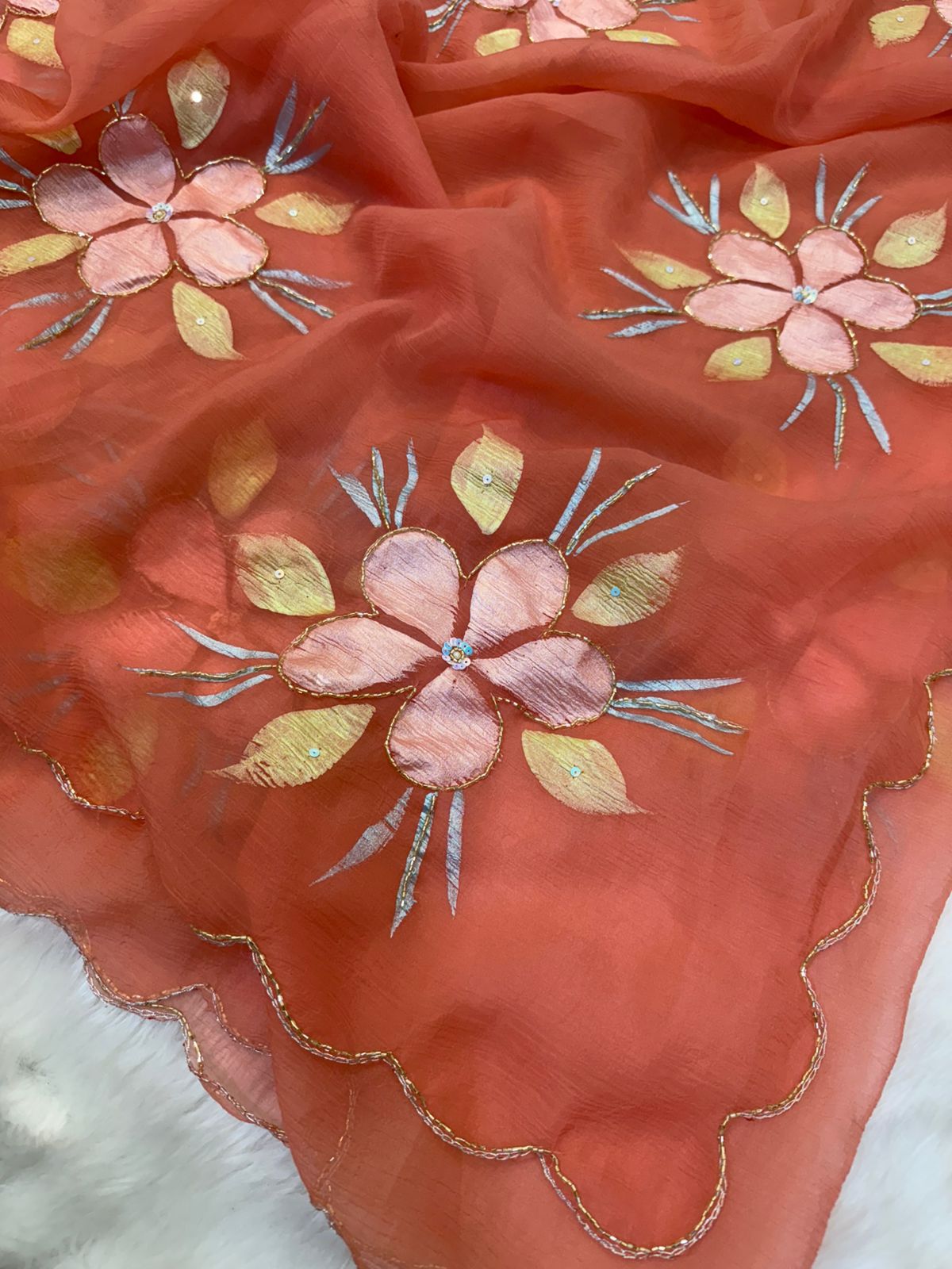 Pure Bari Chiffon Saree with Handwork & Floral Hand Print