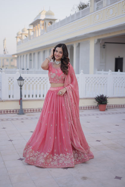 Women Pink Fendi Silk Embroidered Wedding & Party Wear Lehenga Choli