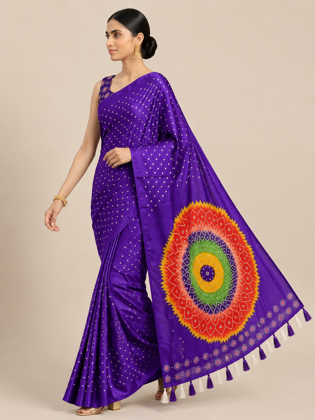 Premium Japan Satin Mirror Work Saree with Tassel Pallu