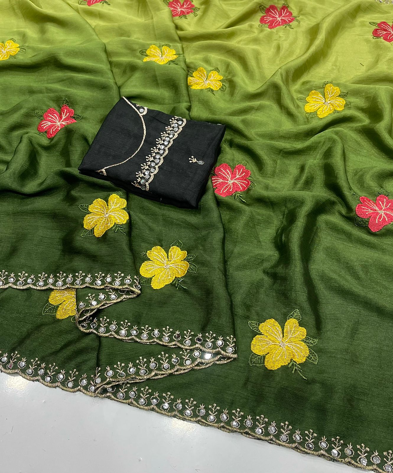 Soft Chinon Dual Shade Silk Saree with Embroidery & Mirror Work