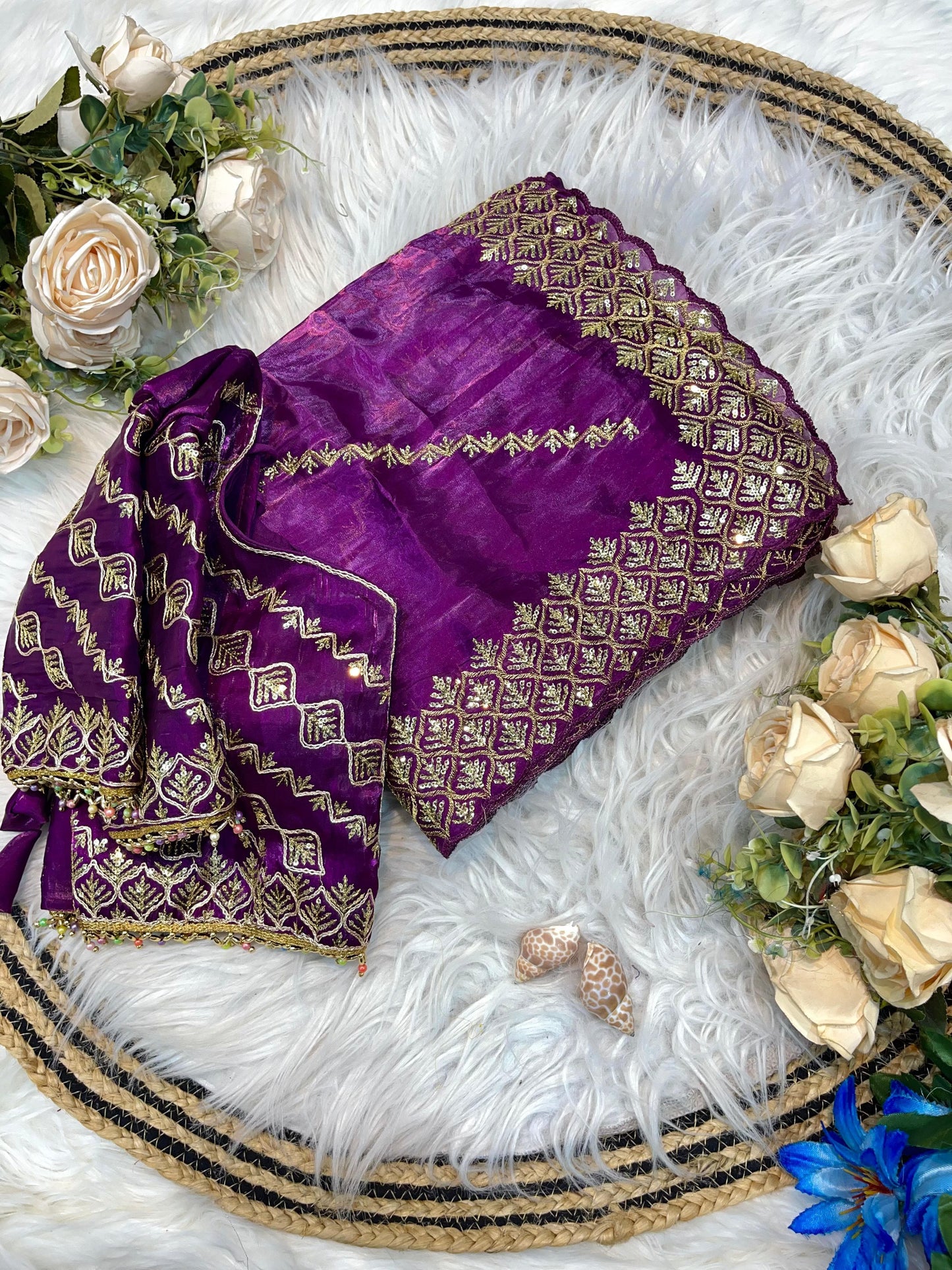 Shanaya Zimmy Choo Silk Saree With Heavy Embroidery Sequence Work & Blouse (Up to 42”)