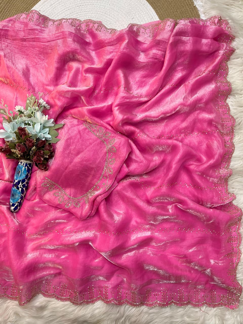 Rupali Pink Space Silk Saree with Hand Jharkhand Cutdana Border & Designer Blouse