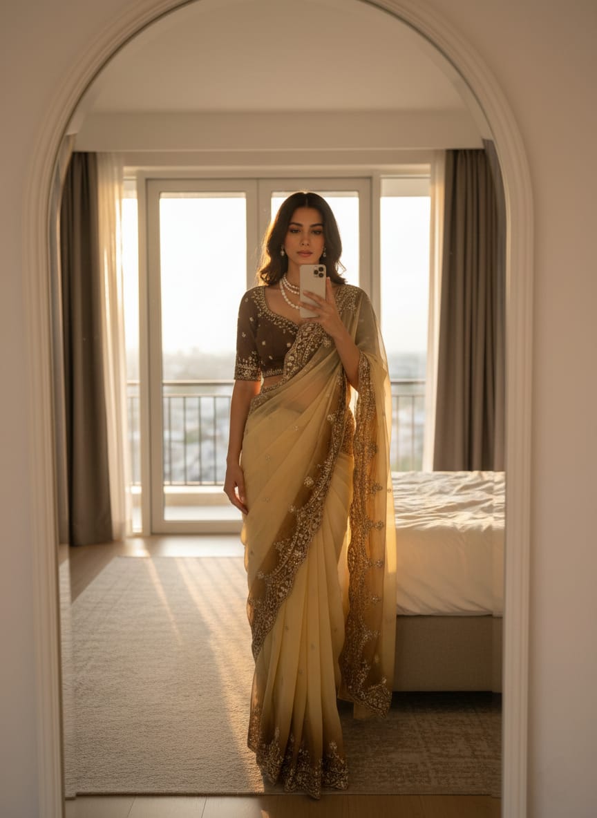 Shipra Moss Embroidery Saree With Stitched Blouse