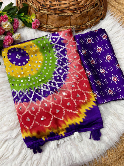 Premium Japan Satin Mirror Work Saree with Tassel Pallu