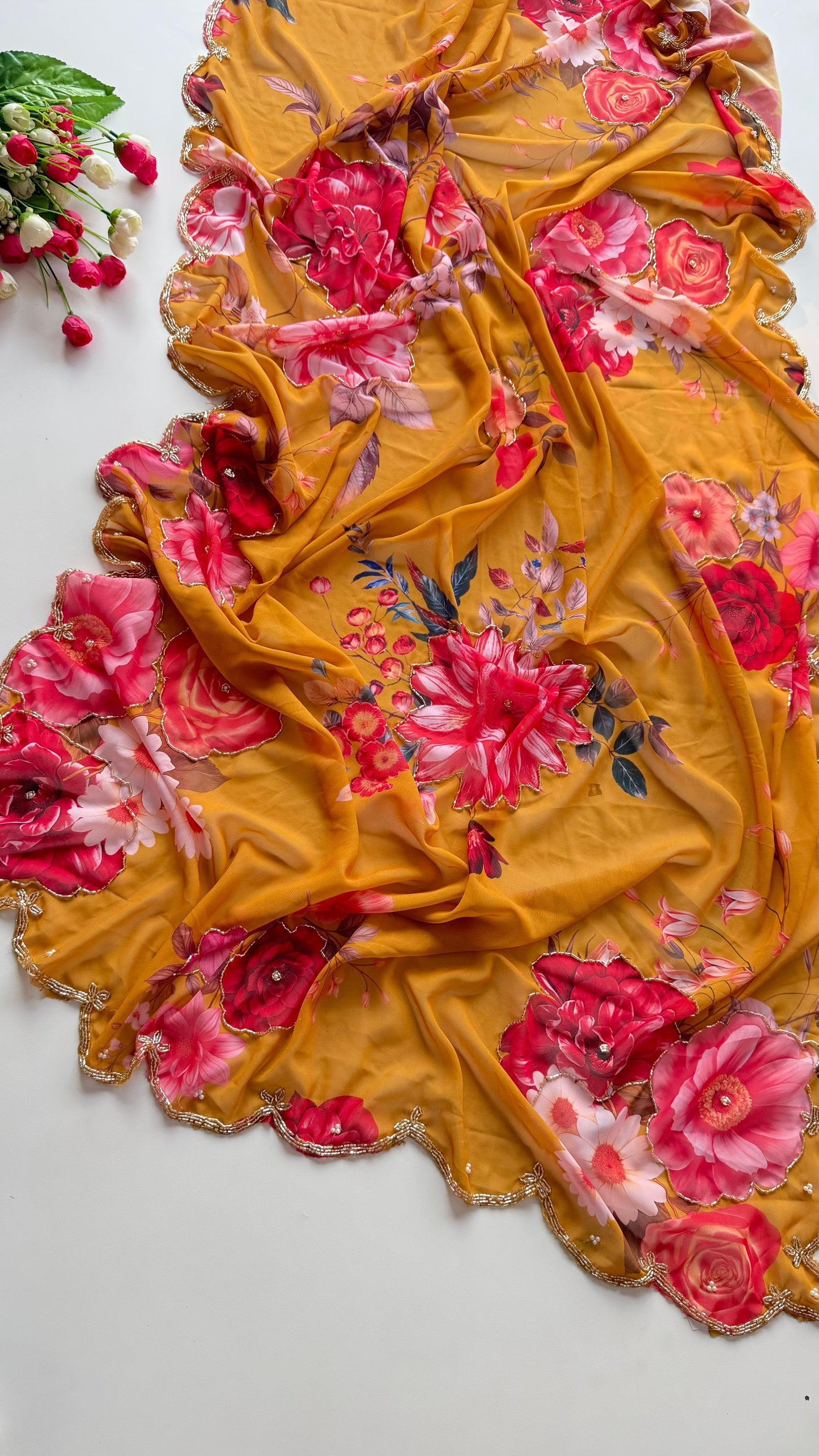 Guldasta Pure Georgette Silk Saree with Digital Floral Print & Cutdana Work
