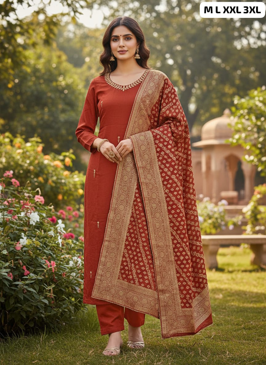 Premium Roman Silk Kurti Pant Set with Kashmiri Work Dupatta
