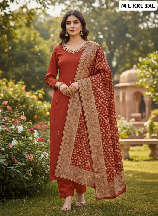 Premium Roman Silk Kurti Pant Set with Kashmiri Work Dupatta