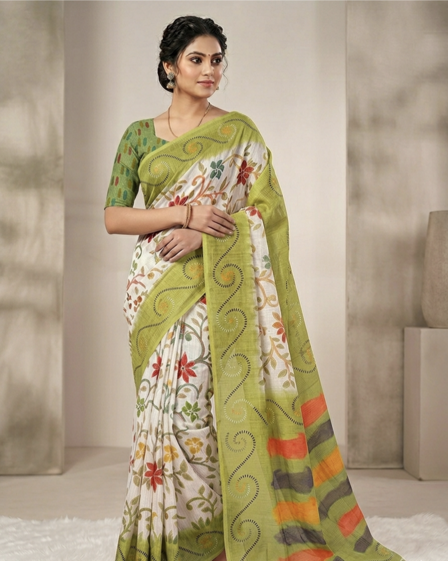 Elegant Linen Cotton Digital Print Saree with Tassel Pallu