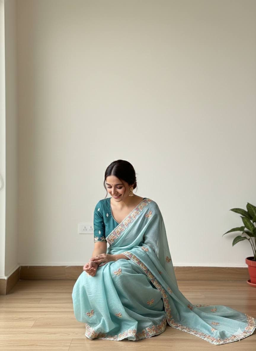 Radha Butterfly Motif Embroidered Crushed Organza Saree