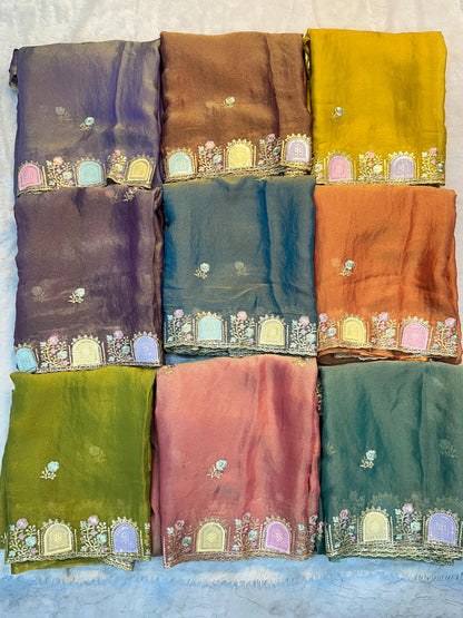 Star Satin Georgette Saree with Thread & Sequins Embroidery Border