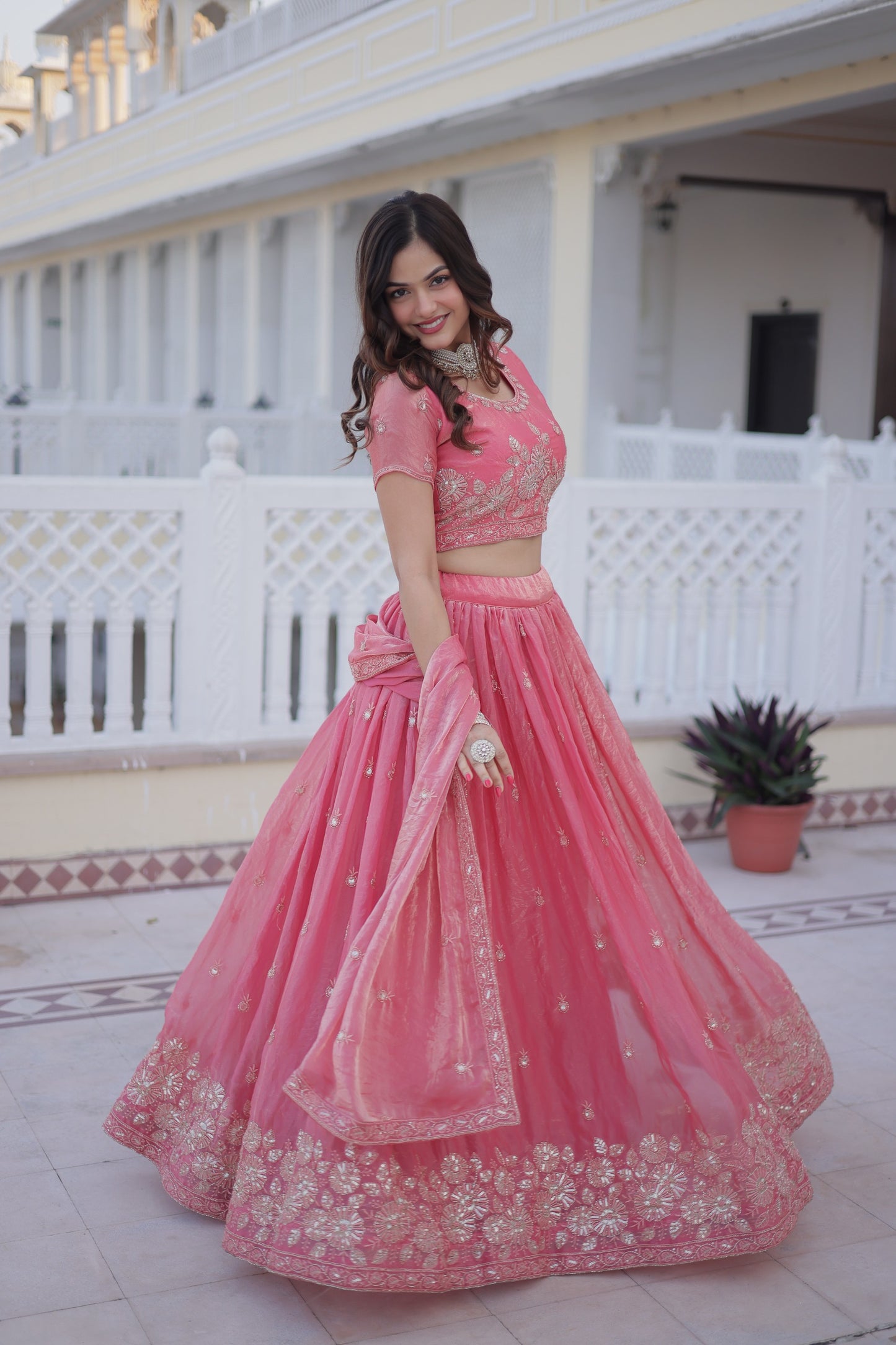 Women Pink Fendi Silk Embroidered Wedding & Party Wear Lehenga Choli