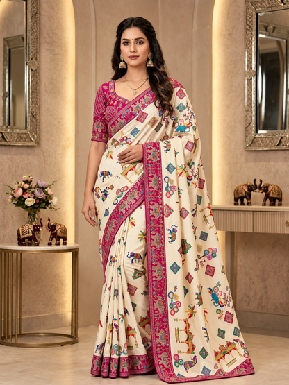 Printed Chinnon Silk Saree with Sequins Embroidery & Banglori Blouse