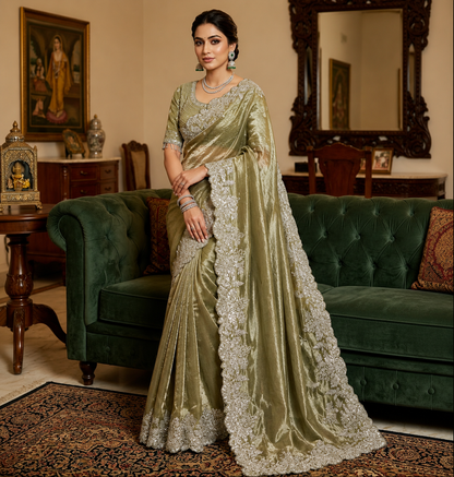 Soft Space Silk Satin Saree With Heavy Embroidery Sequence & Zari Work