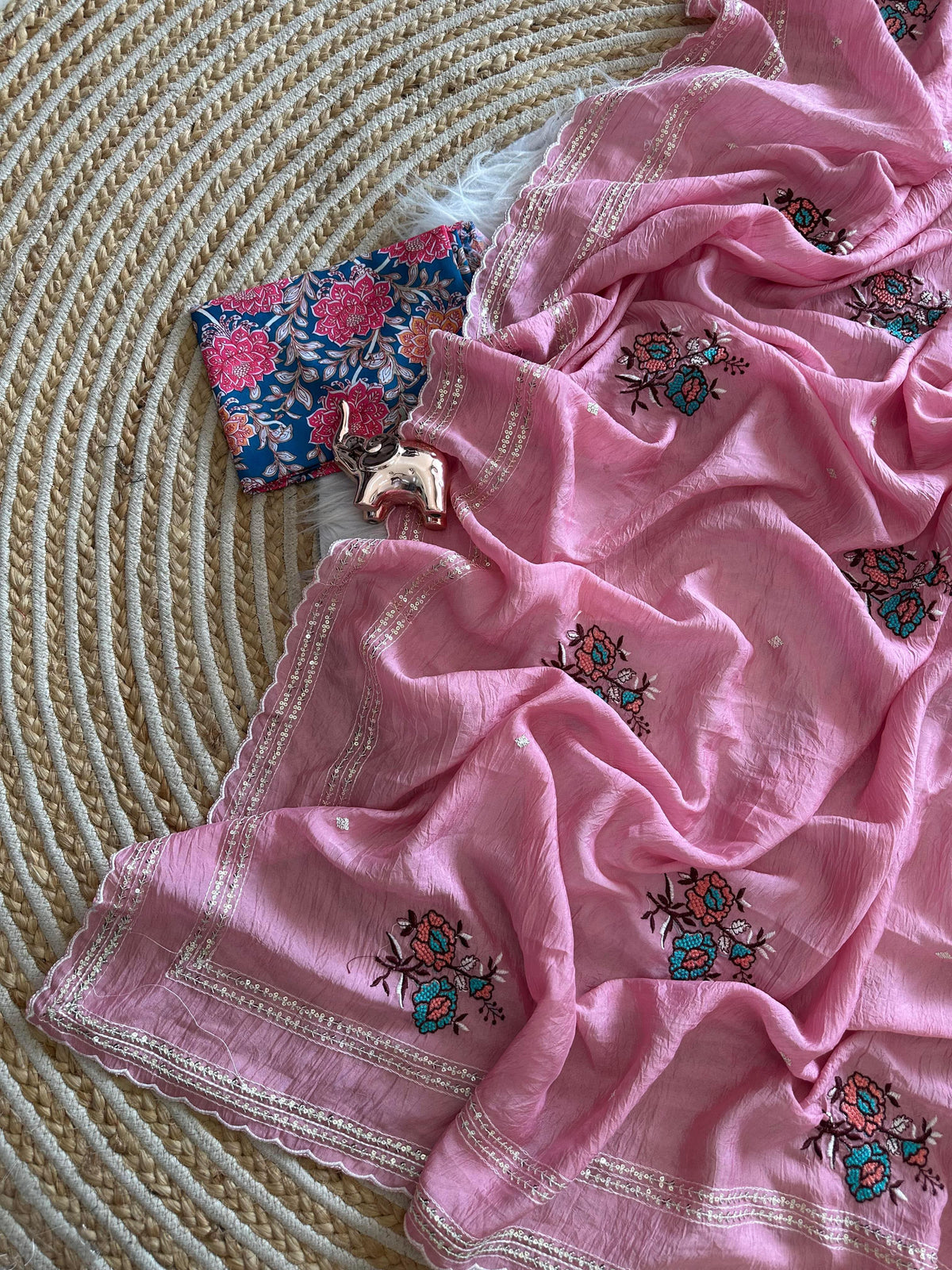 Star Georgette Saree with All Over Floral Embroidery & Digital Print Blouse
