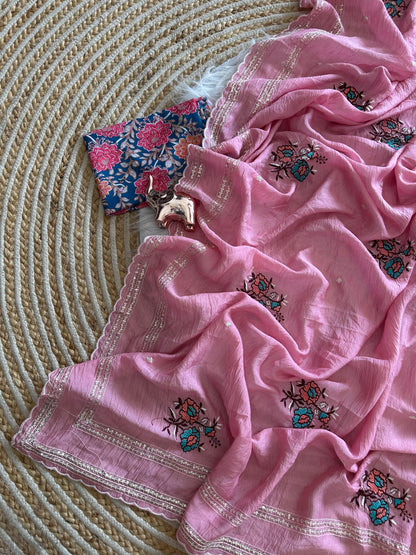 Star Georgette Saree with All Over Floral Embroidery & Digital Print Blouse