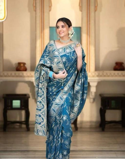 Teal Blue Woven Saree