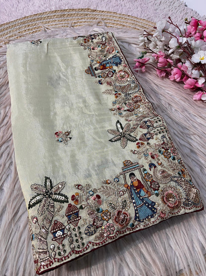 Premium Cosmos Silk Saree with Heavy Thread Embroidery, Zari & Sequin C-Pallu Work