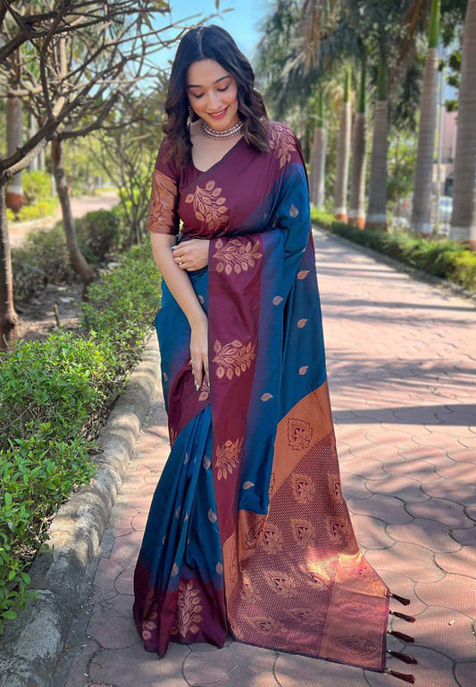 Wine Blue Zari Work Saree