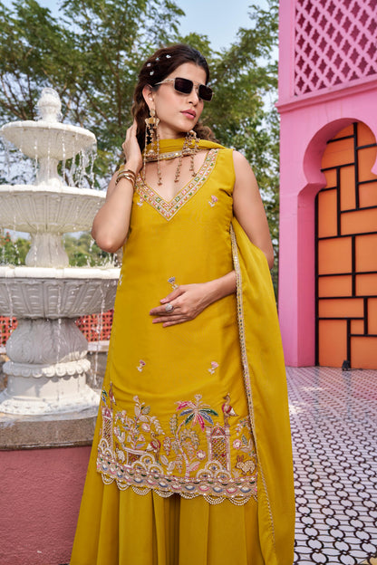 Haldi Special Designer Kurti Plazzo Dupatta Set with Moti & Embroidery Work