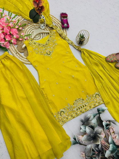 Heavy Two Tone Fendy Silk Sharara Suit With Embroidery Sequins Work & Dupatta