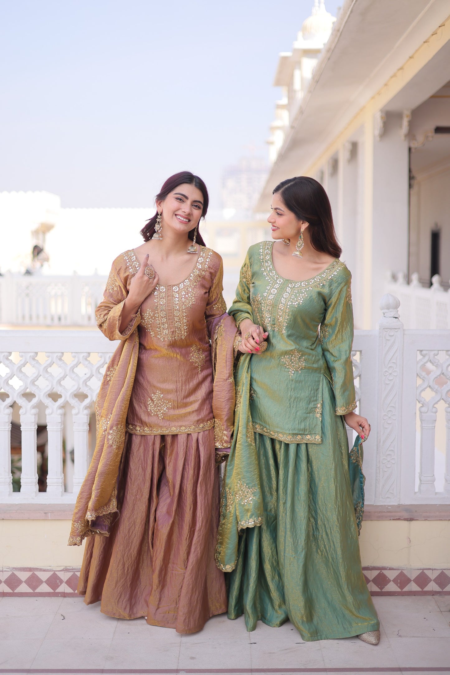 Premium Designer Fendi Crush Top Sharara Dupatta Set with Zari & Sequins Work – Mehendi Green & Copper Brown